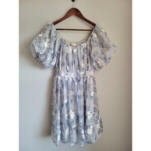Roolee Romantic Floral Babydoll Mini Dress Blue Puff Sleeve Cottage XS
